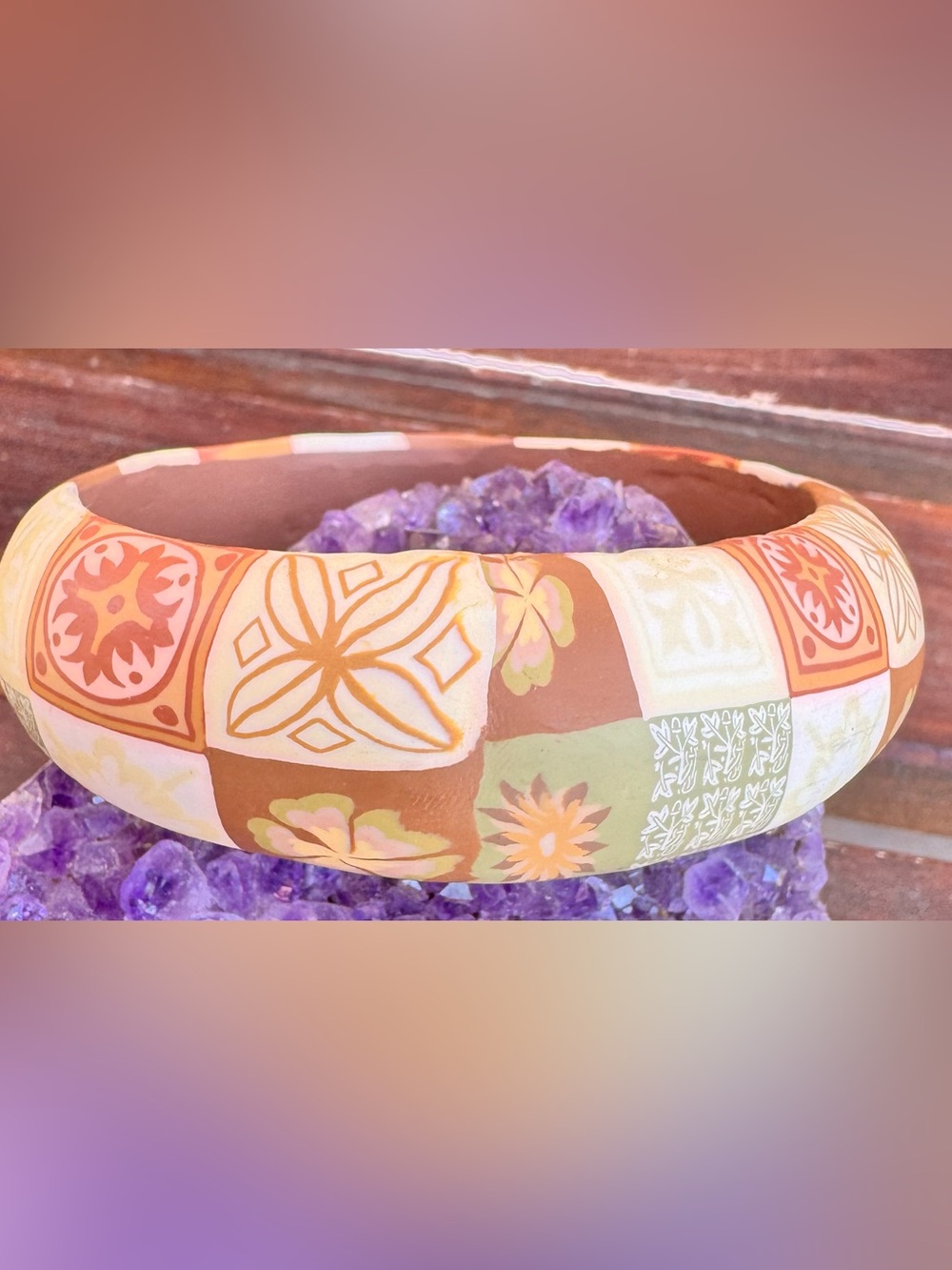 Viva Beads® Handmade Polymer Clay Wide Bangle Bracelet | Floral Patchwork Earth